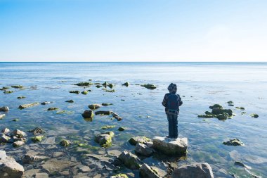 Bir çocuk Karadeniz'de bir kaya üzerinde duruyor ve suya bakıyor
