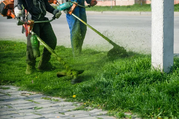 男は身に着けているオーバー オールとゴムブーツ緑の草を刈っていてガソリンの芝生のトリマー. — ストック写真