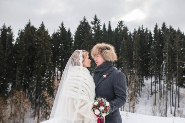 Sevgili gelin ve damat onların Kış Düğün Doğum