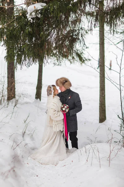 小两口新婚夫妇在冬季森林在雪中散步. — 图库照片