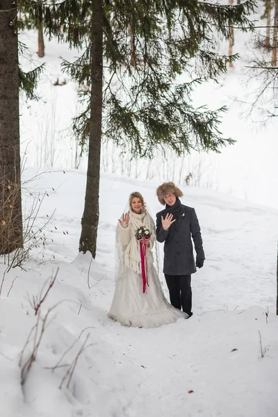 若いカップル新婚夫婦が雪の中で冬の森を歩く. — ストック写真