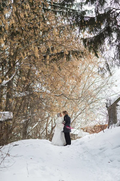 Pareja joven recién casados caminando en un bosque de invierno en la nieve . — Foto de Stock