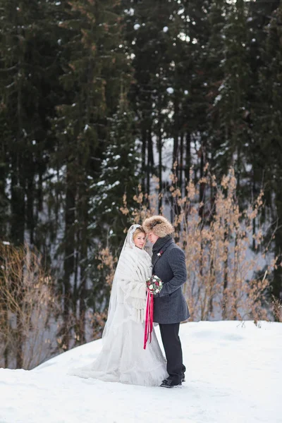 Lovers bride and groom on their winter wedding — Stock Photo, Image