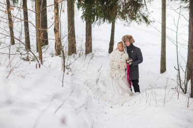 Kar kış ormanda yürüyüş yeni evli genç Çift.
