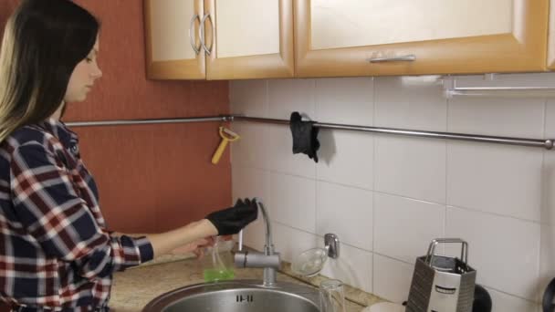 Mulher usa luvas de borracha e lava os pratos . — Vídeo de Stock