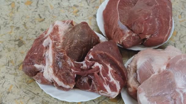 Grote stukken vlees van varkens- en rundvlees op witte platen thuis koken. Camerabeweging van links naar rechts. — Stockvideo