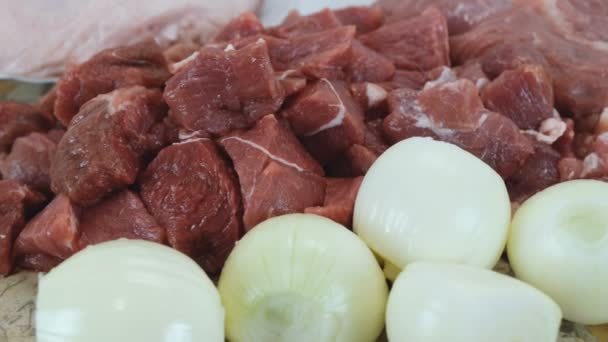 Close-up van grote stukken rundvlees en uien. Camera beweging van rechts naar links — Stockvideo