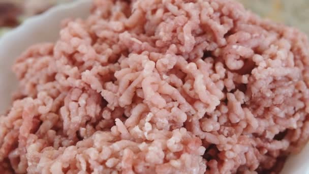 Close-up vers gehakt van rundvlees en varkensvlees vlees en UI — Stockvideo
