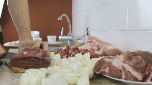 Mãos de homem de close-up cortando um grande pedaço de carne em pequenos pedaços para picar. Vista lateral . — Vídeo de Stock