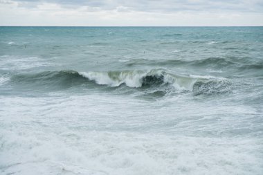 Fırtına deniz manzarası görünümünü. Martılar deniz balıkçılığı dalgalarda üzerinde. Dalga büküm.
