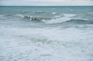 Fırtına deniz manzarası görünümünü. Martılar deniz balıkçılığı dalgalarda üzerinde. Dalgalar büküm.