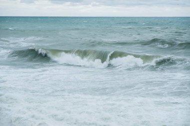 Fırtına deniz manzarası görünümünü. Martılar deniz balıkçılığı dalgalarda üzerinde. Büyük dalga büküm.
