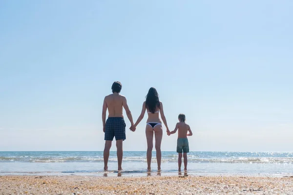 Família irreconhecível em pé na praia e olhando para o mar Mãe filho e pai de mãos dadas vista traseira . — Fotografia de Stock