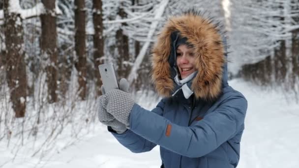 Attraktiv kvinna i blå jacka med päls huva chattar på sin mobiltelefon i Vinterparken. — Stockvideo