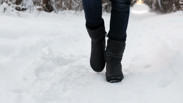 Primo piano delle gambe congelate di una donna con gli stivali nella neve che calpesta dal freddo . — Video Stock