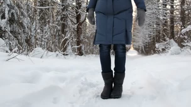 Primo piano delle gambe congelate di una donna con gli stivali nella neve che salta dal freddo . — Video Stock