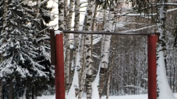 Hautnahe Horizontalstange für den Sport im Winterpark. — Stockvideo