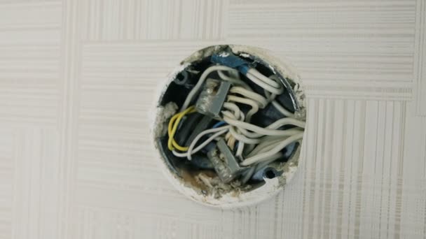 Close-up electrical junction box on the wall under the ceiling — Stock Video