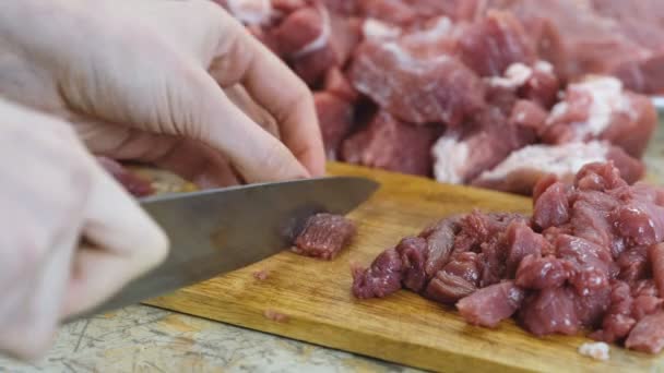 Mãos de mulher close-up cortando um grande pedaço de carne em pequenos pedaços para stroganoff . — Vídeo de Stock