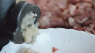 Yakın çekim elektrik et doğrayıcılardan yapım kıyma et et ve soğan.