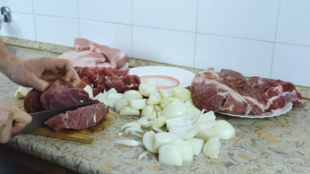 Mãos de homem de close-up cortando um grande pedaço de carne em pequenos pedaços para picar . — Vídeo de Stock
