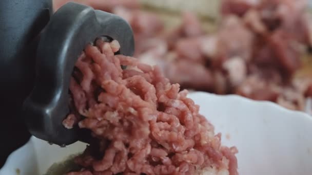 Close-up picador de carne elétrica fazendo picada de carne de porco e carne de vaca e cebola . — Vídeo de Stock