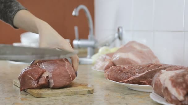 Mãos de mulher de close-up pegando grande pedaço de carne e cortá-lo em pequenos pedaços para churrasco. Vista lateral — Vídeo de Stock