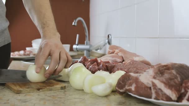 Mãos de homem de close-up cortando uma cebola para picar. Pedaços de carne no fundo. Vista lateral . — Vídeo de Stock