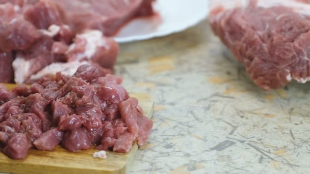 Detail žena ruce, řezání kousek hovězího masa na malé kousky pro stroganoff. — Stock video