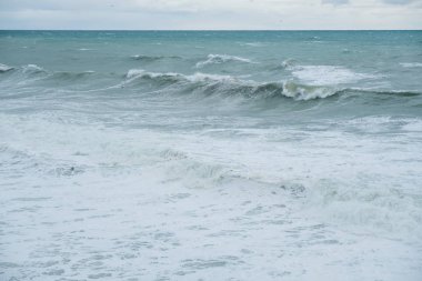 Fırtına deniz manzarası görünümünü. Martılar deniz balıkçılığı dalgalarda üzerinde