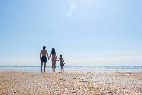 認識できない家族で浜に立って、海ママの息子とお父さんを見て保持戻って手を表示. — ストック写真