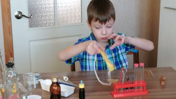 Experimentos de química en casa. Niño poniéndose gafas amarillas de seguridad sentado en la mesa . — Vídeos de Stock