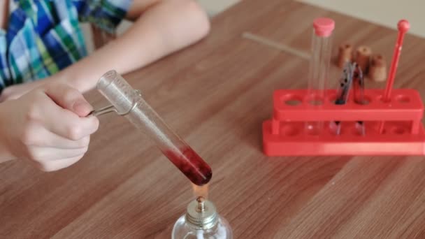 Experiências de química em casa. Mãos de garotos de close-up aquece o tubo de teste com líquido vermelho na lâmpada de álcool em chamas. O líquido ferve. Vista superior . — Vídeo de Stock