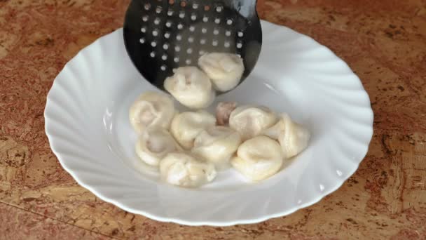 Dumplings puts on a plate using a slotted spoon. — Stock Video