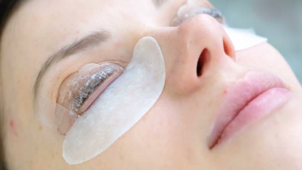 Beauty treatment. Botox and lash lamination. Closeup face. — Stock Video