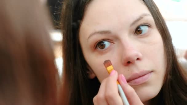 Mulher coloca um creme tonal Foundation no rosto usando um pincel na frente do espelho. Fechar as mulheres vista frontal . — Vídeo de Stock