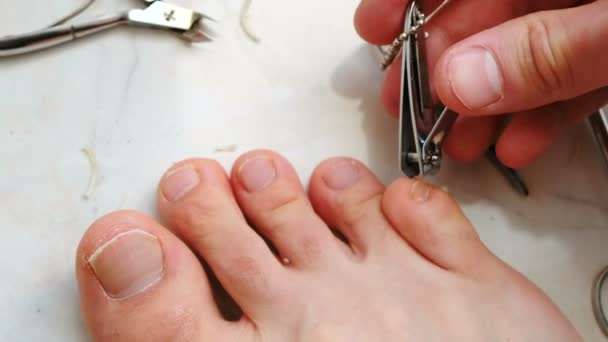 Un homme coupant des ongles avec une tondeuse. Des ongles coupés à pied. Gros plan sur les pieds et les orteils. Vue du dessus . — Video