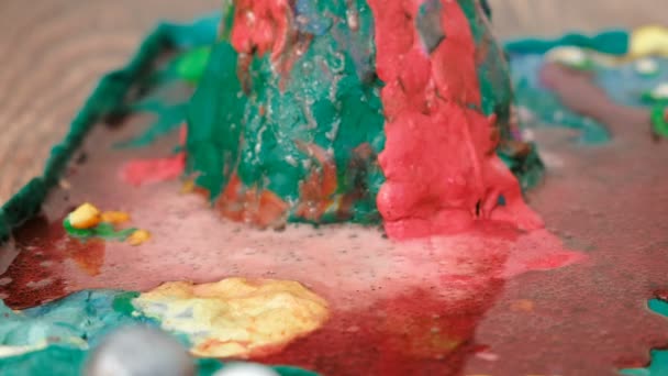 Closeup view of chemical reaction with gas emission. Experience with plasticine volcano at home. — Stock Video