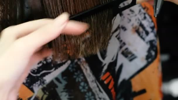 Barbeiros mãos corte longo morena cabelo tesoura quente. Vista de perto . — Vídeo de Stock