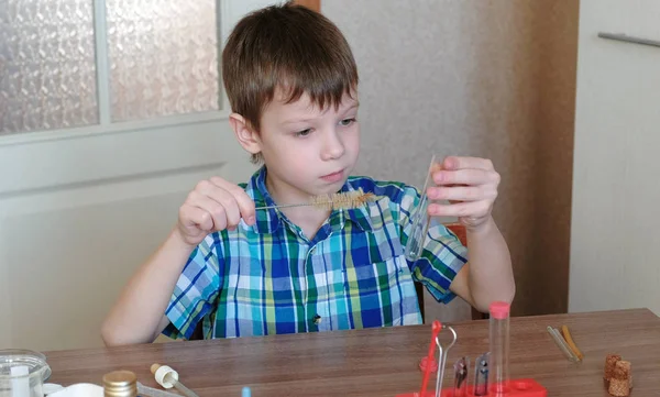 Kísérletek, a kémia otthon. Kockás ing a fiú ül az asztalnál, és tisztítja a cső egy kefével. — Stock Fotó
