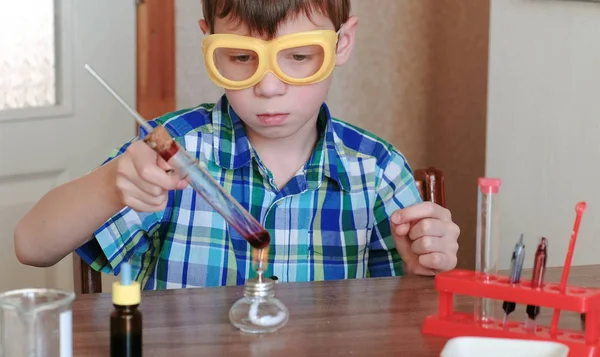 Πειράματα στη χημεία στο σπίτι. Αγόρι θερμαίνει το δοκιμαστικό σωλήνα με κόκκινο υγρό στο κάψιμο αλκοόλ λάμπα. Βράζει το υγρό. — Φωτογραφία Αρχείου