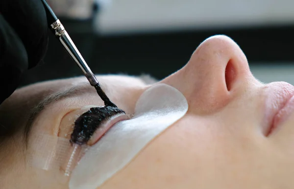 Tratamiento de belleza. El cosmetólogo pone pintura negra en las pestañas. Botox y pestañas laminadas. Vista lateral de la cara de cerca . — Foto de Stock