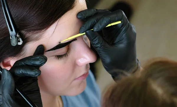 Cosmetologist põe a pintura nas sobrancelhas de clientes com a escova. Vista lateral. Correção da sobrancelha . — Fotografia de Stock