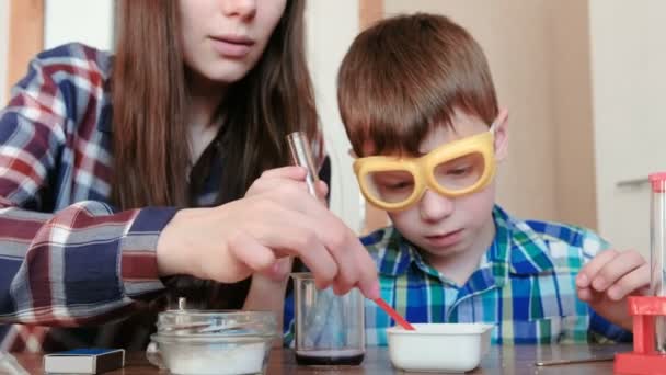 Chemie-Experimente zu Hause. Mutter und Sohn machen eine chemische Reaktion mit der Freisetzung von Gas im Reagenzglas. — Stockvideo