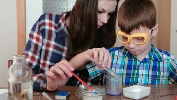 Chemie-Experimente zu Hause. Junge gießt Flüssigkeit aus einem Reagenzglas in das Becherglas, Mutter mischt es mit Glasstab. — Stockvideo