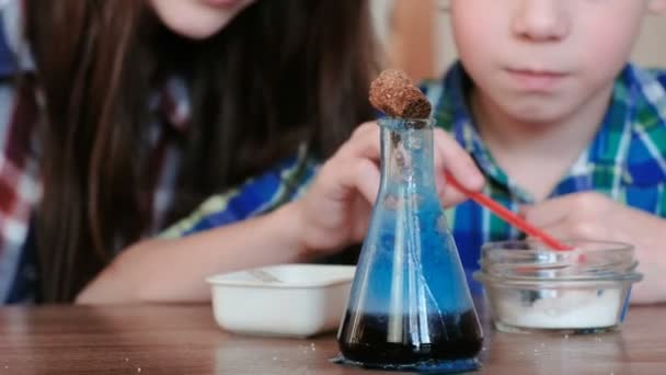 Experimentos de química en casa. Mamá e hijo hacen una reacción química con la liberación de gas en el frasco . — Vídeos de Stock