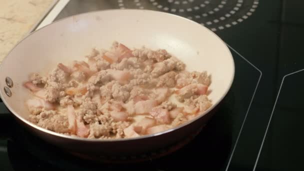 Мясо и кусочки бекона на сковороде на электрической плите . — стоковое видео