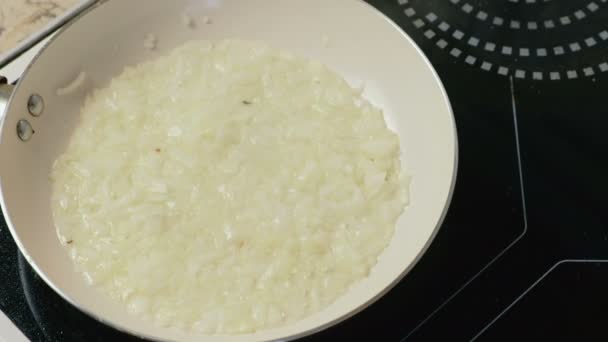 Fritura de cebolla, ajo en sartén — Vídeos de Stock