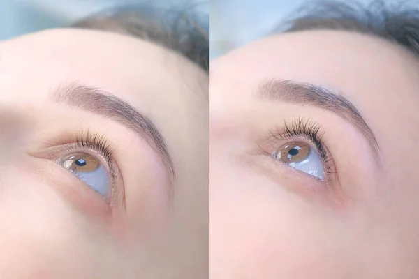 Коллаж женского глаза до и после поднятия ресниц и ламинирования . — стоковое фото