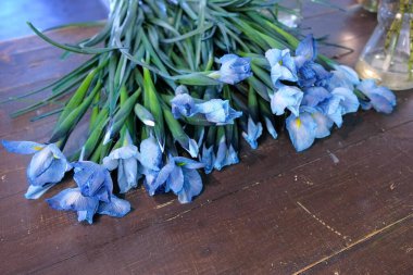 Çiçekçide, uzun saplı mavi, sevimli süsen çiçekleri....
